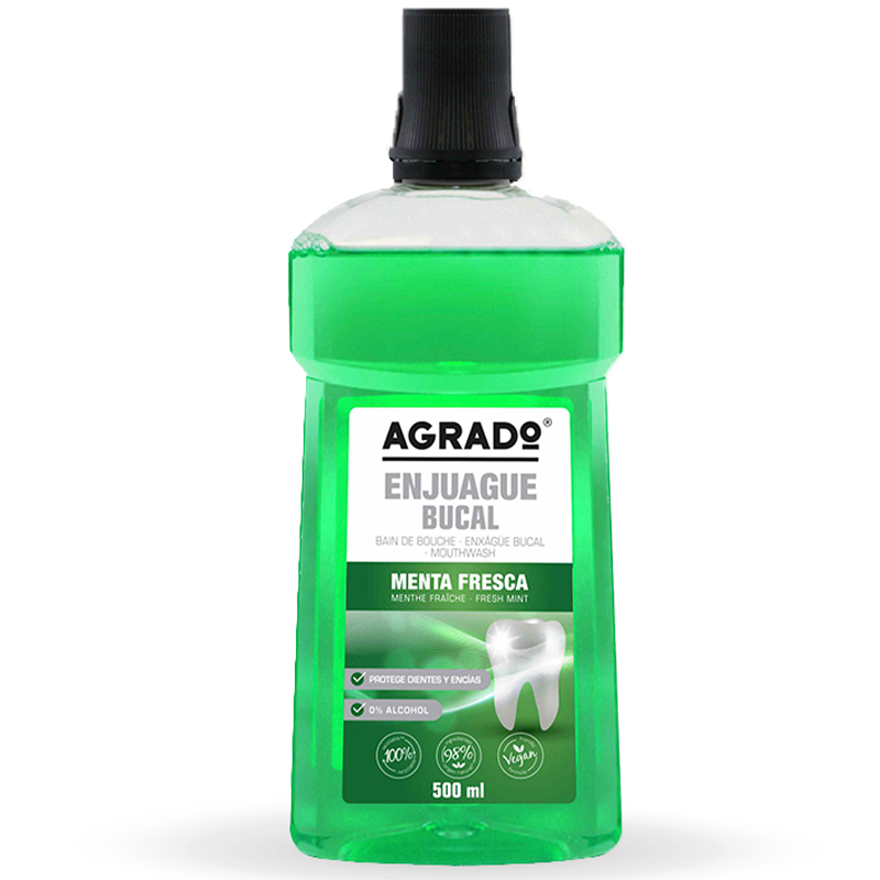 Agrado bain de bouche 500ml | 0,02 % de fluorure de sodium, menthe fraîche, sans alcool