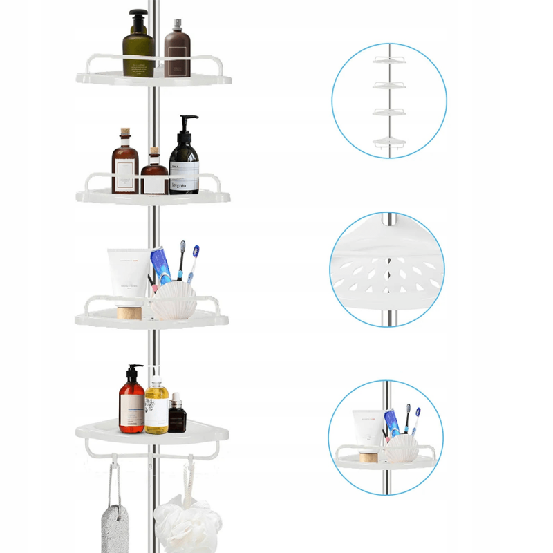 Étagère d’angle salle de bains – 4 plateaux + porte-serviettes