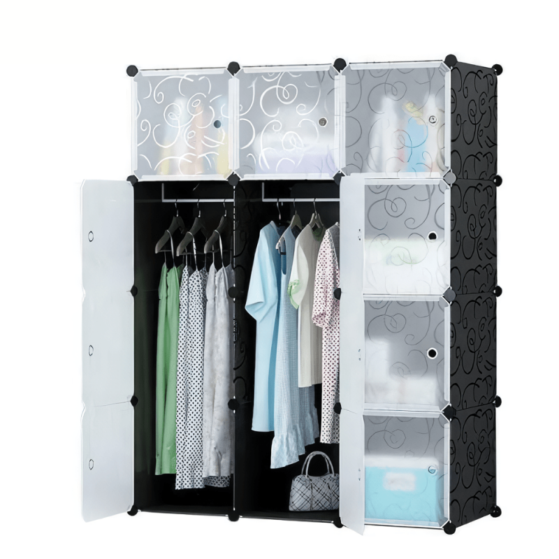 Armoire Penderie 12 Cubes – Meuble de Rangement Plastique avec Barre Suspendue