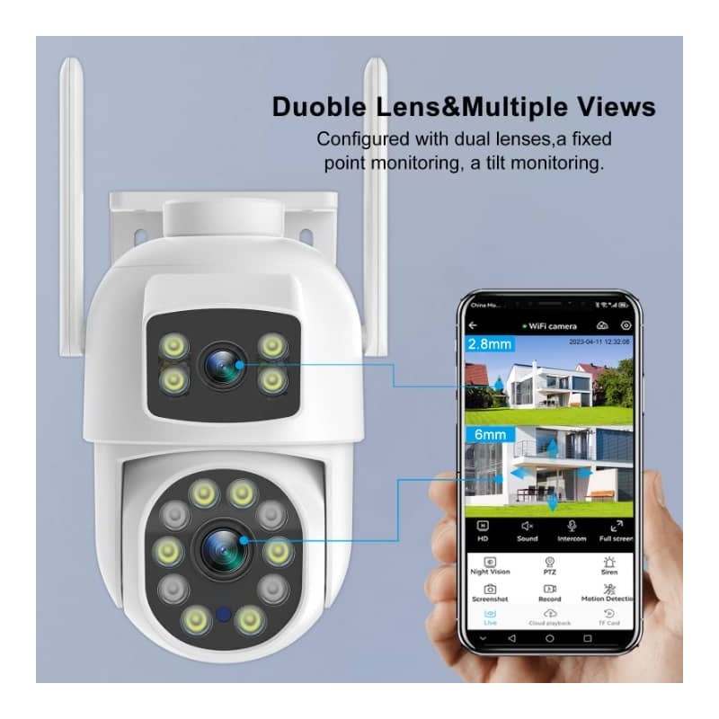 Caméra de sécurité extérieure 2K à double objectif, Connectivité Wi-Fi 2.4G
