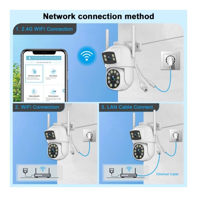 Caméra de sécurité extérieure 2K à double objectif, Connectivité Wi-Fi 2.4G