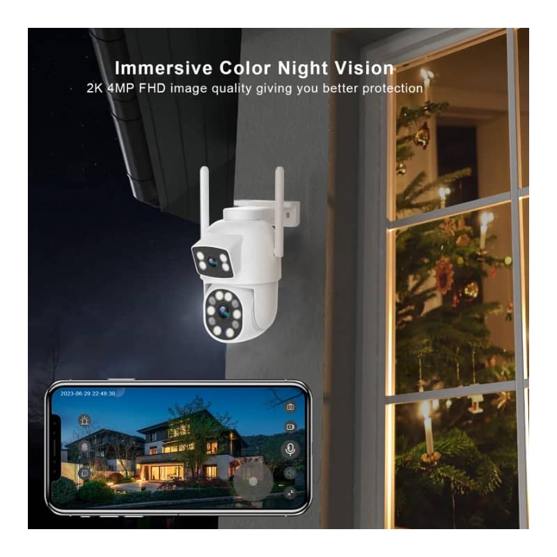 Caméra de sécurité extérieure 2K à double objectif, Connectivité Wi-Fi 2.4G