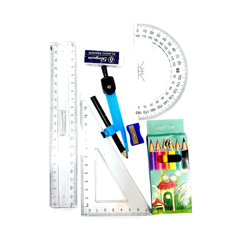 Outil de Géométrie – Règle, Rapporteur, Compas, Équerres et Crayons de Couleur