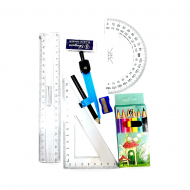 Outil de Géométrie – Règle, Rapporteur, Compas, Équerres et Crayons de Couleur