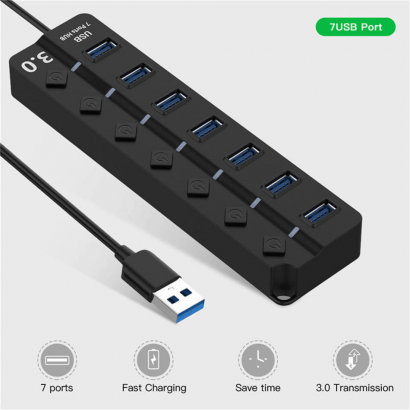 Hub USB 3.0 7 ports, concentrateur USB – interrupteurs indépendants et LED