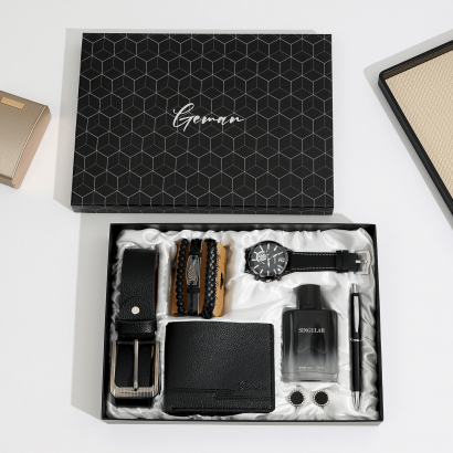 Coffret cadeau homme 7 pièces – box montre de luxe, ceinture cuir et accessoires élégants