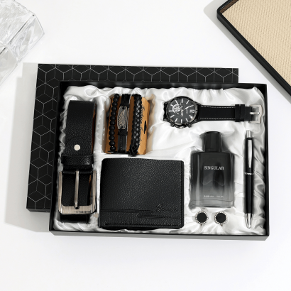 Coffret cadeau homme 7 pièces – box montre de luxe, ceinture cuir et accessoires élégants