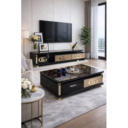 Table téléviseur +Table basse 429 avec logo GG doré – Style sophistiqué