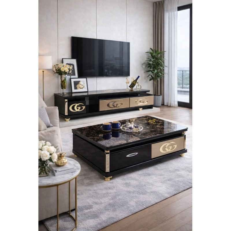 Table téléviseur +Table basse 429 avec logo GG doré – Style sophistiqué