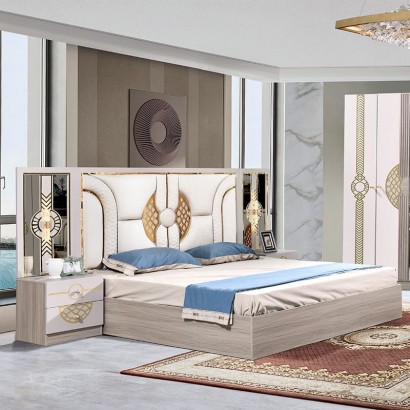 Chambre à coucher complète MC203H 5 pièces beige blanc | lit, coiffeuse, chevets et armoire 6 battants