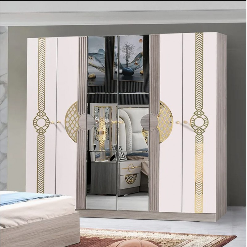 Chambre à coucher complète MC203H 5 pièces beige blanc | lit, coiffeuse, chevets et armoire 6 battants
