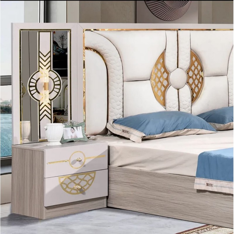 Chambre à coucher complète MC203H 5 pièces beige blanc | lit, coiffeuse, chevets et armoire 6 battants