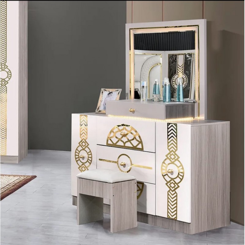 Chambre à coucher complète MC203H 5 pièces beige blanc | lit, coiffeuse, chevets et armoire 6 battants