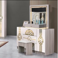 Chambre à coucher complète MC203H 5 pièces beige blanc | lit, coiffeuse, chevets et armoire 6 battants