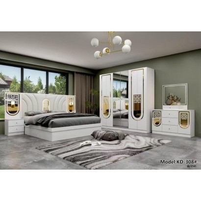 Chambre à coucher MC308H – Armoire 6 battants, lit, coiffeuse et chevets | Style moderne