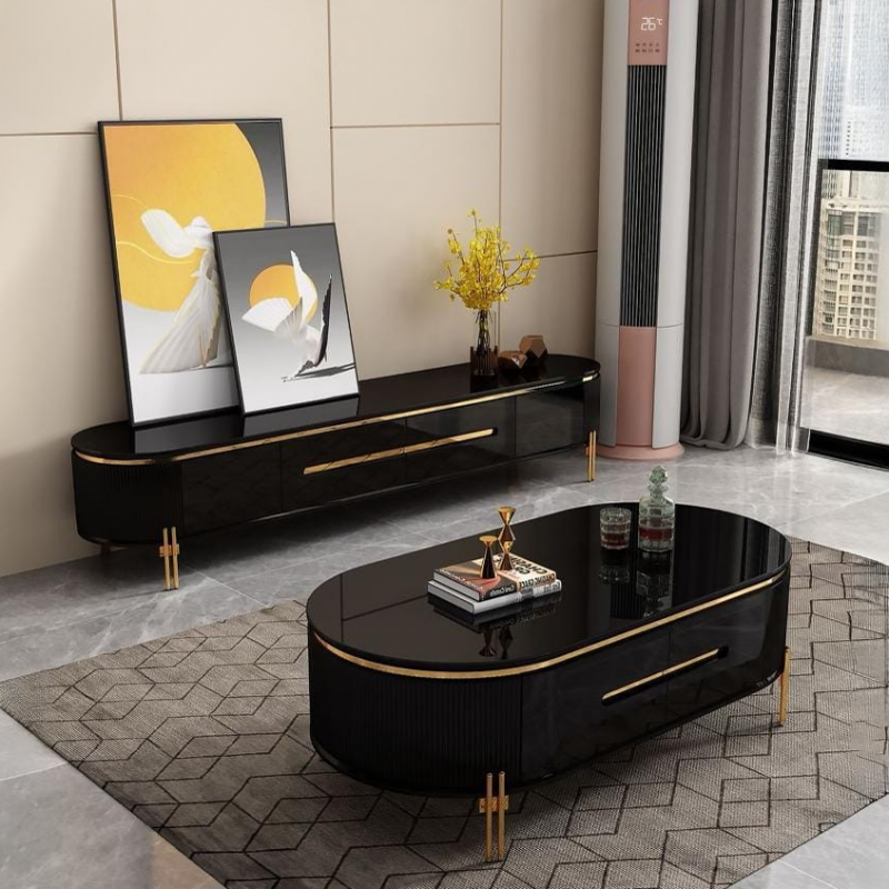 Table téléviseur 6318 + Table basse brillante avec accents dorés