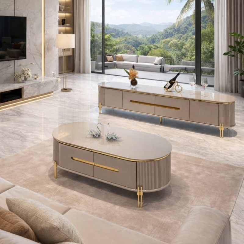 Table téléviseur 6318 + Table basse brillante avec accents dorés