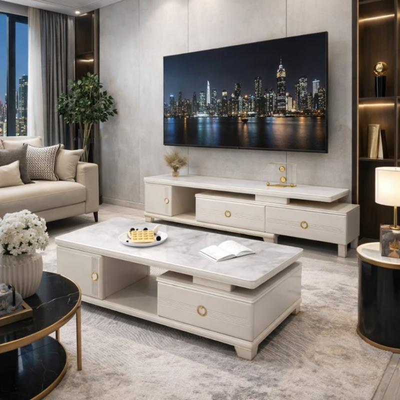 Table téléviseur 432 et table basse avec tiroirs à poignées métalliques