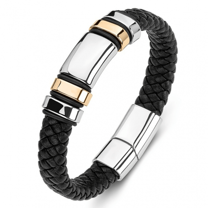 Bracelet en cuir noir véritable avec fermeture magnétique en acier inoxydable