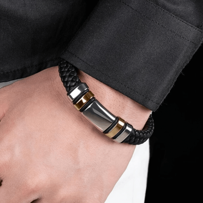 Bracelet en cuir noir véritable avec fermeture magnétique en acier inoxydable