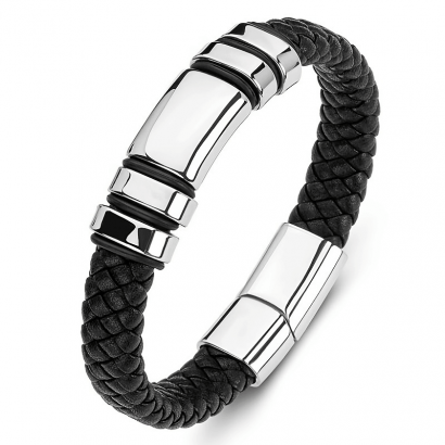 Bracelet en cuir noir véritable avec fermeture magnétique en acier inoxydable