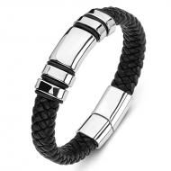 Bracelet en cuir noir véritable avec fermeture magnétique en acier inoxydable