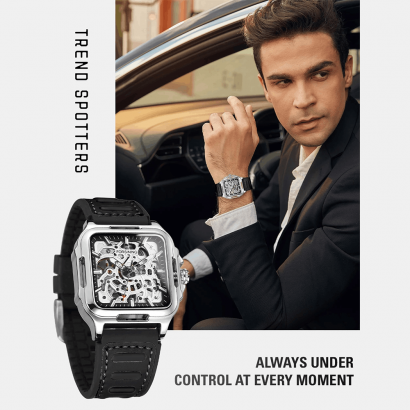 Forsining montre homme squelette bracelet silicone – automatique, mouvement mécanique, design moderne et industriel