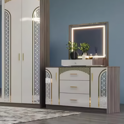 Chambre à coucher MC627H moderne 5 pièces gris blanc | armoire 6 battants, lit, chevets et coiffeuse