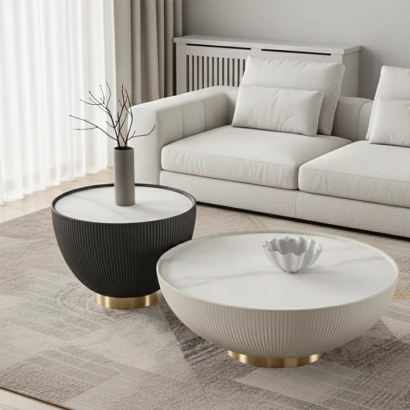 Table Basse Duo TB043 –Plateaux en Pierre Frittée Effet Marbre et Socles Doré