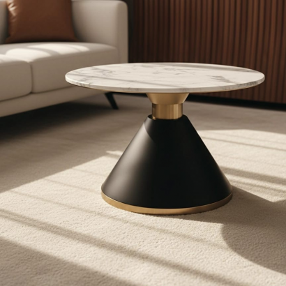 Table basse ronde TB042 – Plateau effet marbre blanc, base conique noire et dorée