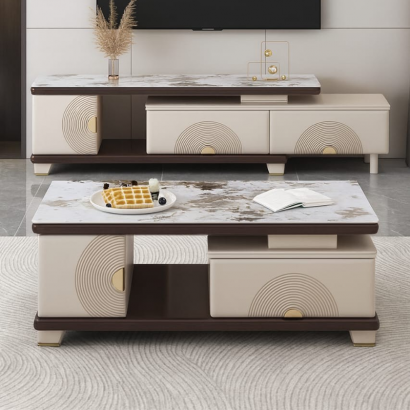 Table de télévision et table basse 431 – Finition marbre marron/beige avec motif circulaire