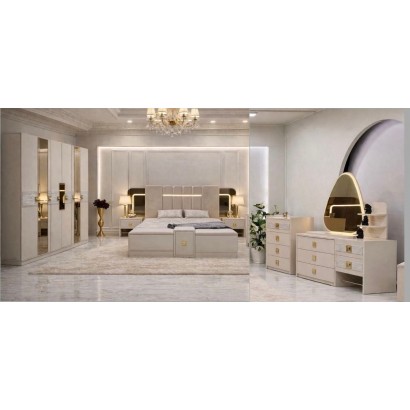 Tuana Chambre à coucher double lit | Armoire 6 battants, 7 pièces, Beige