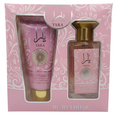YARA BURPHRISE coffret 2 pièces – eau de parfum100ml et lait parfumé 88ml, élégance et douceur féminine