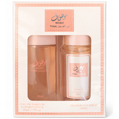 MOUSUF pink coffret parfum femme 2 pièces – eau de parfum 50ml + déodorant spray 60ml, douceur et séduction