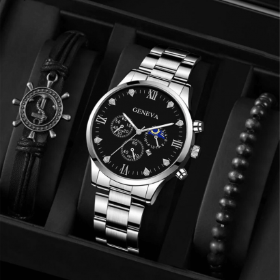 Accessoires mode homme, montre quartz geneva + bracelets | Ensemble bijoux élégant et moderne