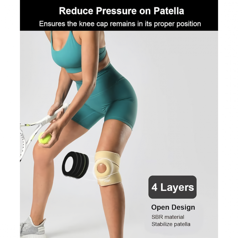 Genouillère de compression ouverte beige – stabilisateur de rotule, support de genou réglable, protection et anti-douleur