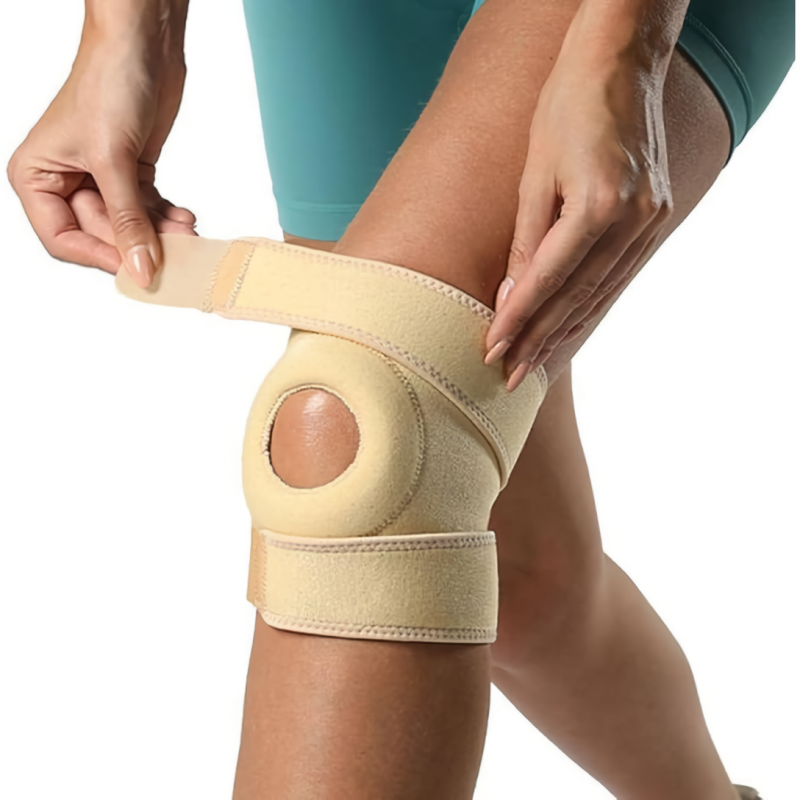 Genouillère de compression ouverte beige – stabilisateur de rotule, support de genou réglable, protection et anti-douleur