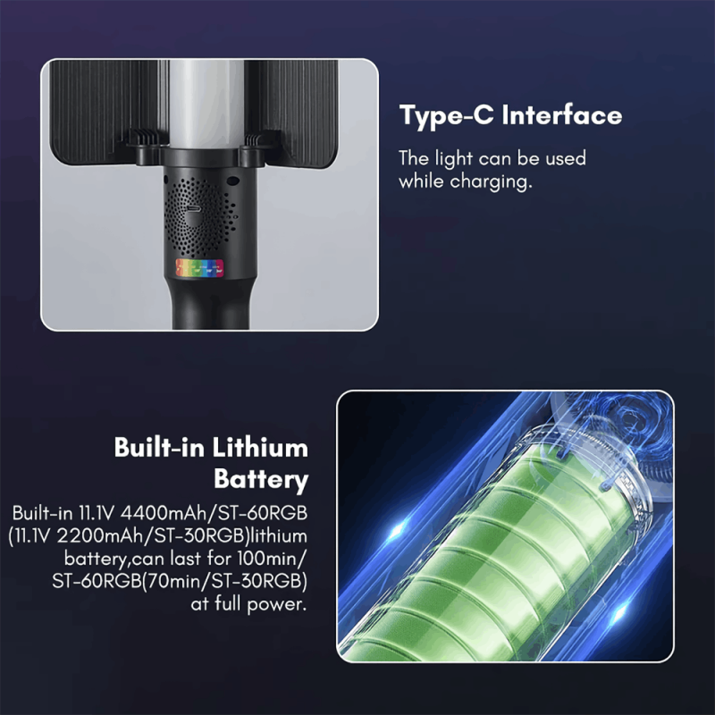 Tolifo ST‑60RGB, Bâton LED RGB 60W – 20FX, 2700 - 10000 K, contrôle app — Lumière continue portable