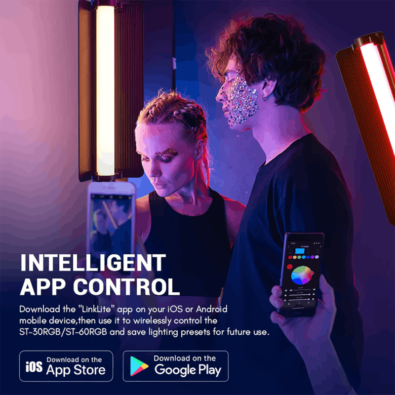 Tolifo ST‑60RGB, Bâton LED RGB 60W – 20FX, 2700 - 10000 K, contrôle app — Lumière continue portable