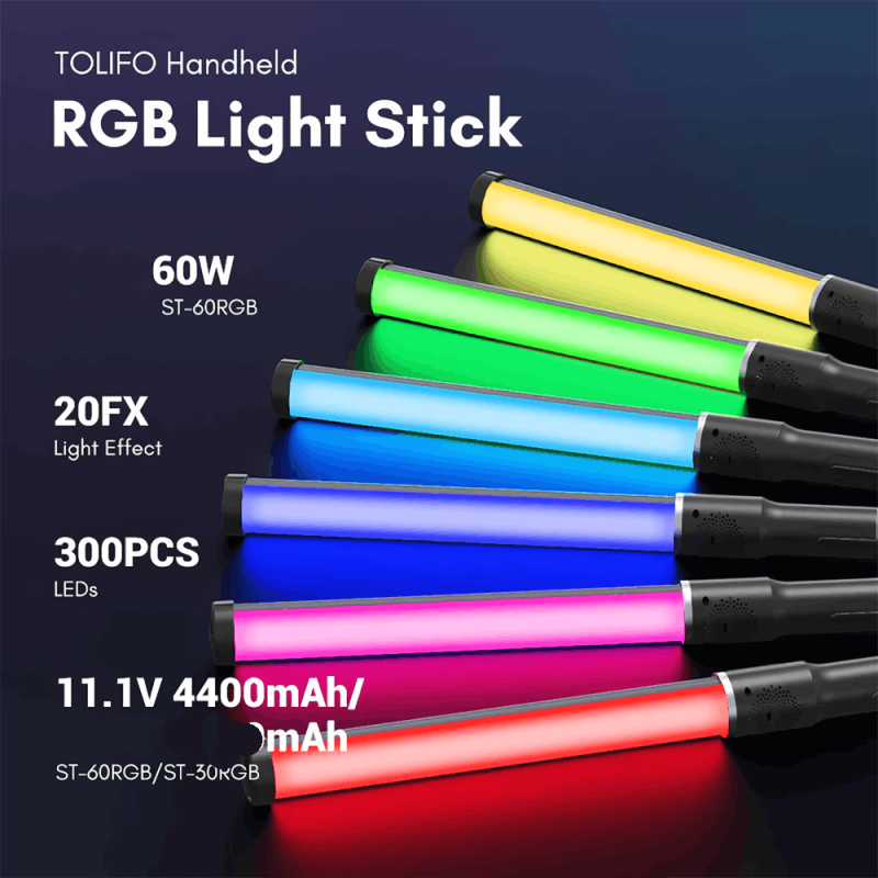 Tolifo ST‑60RGB, Bâton LED RGB 60W – 20FX, 2700 - 10000 K, contrôle app — Lumière continue portable