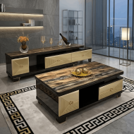 Table 455, téléviseur et table basse noir café – Ensemble salon moderne, meuble TV avec table basse assortie