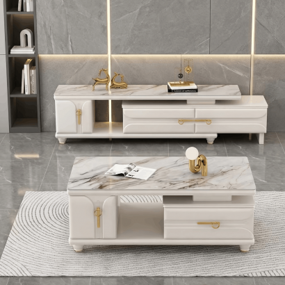 Meuble salon 451, téléviseur et table basse beige  – Ensemble salon moderne, meuble TV avec table basse assortie