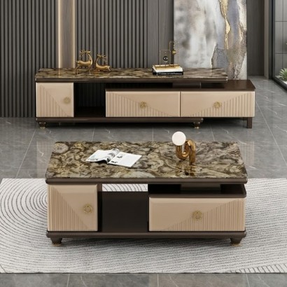 Table 452, téléviseur noir café et table basse – Ensemble salon moderne, meuble TV avec table basse assortie