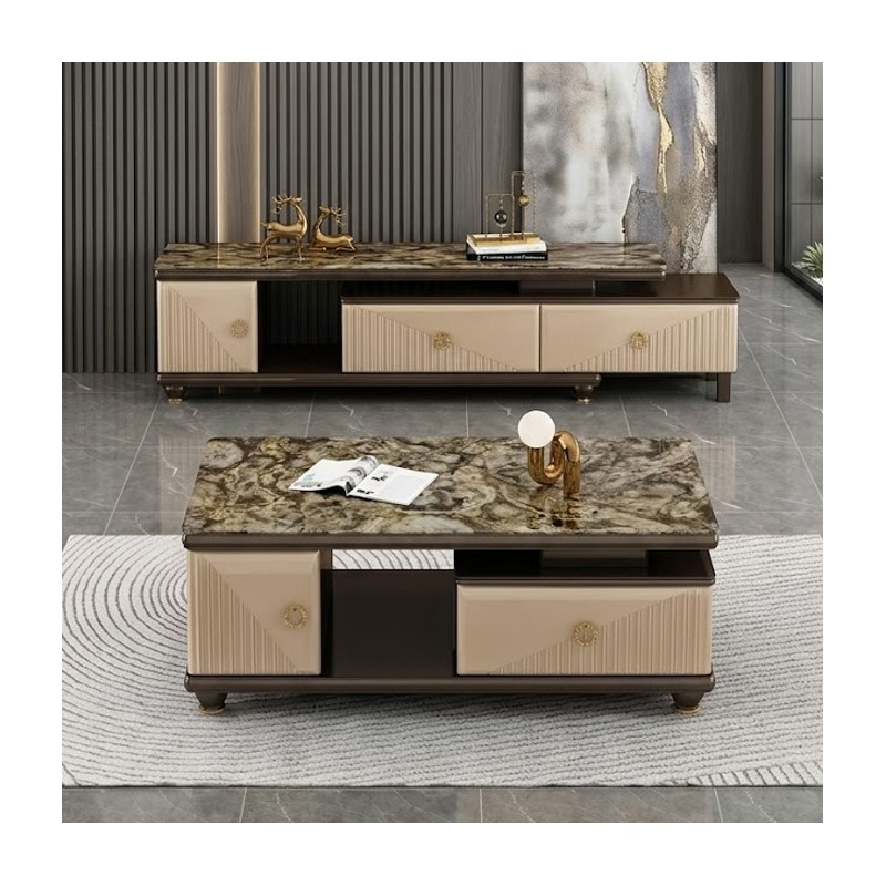 Table 452, téléviseur noir café et table basse – Ensemble salon moderne, meuble TV avec table basse assortie