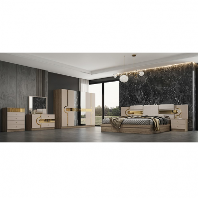 Chambre à coucher 7309B 6 pièces design élégant beige – Ensemble chambre complète moderne armoire 6 portes