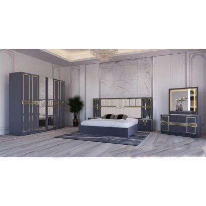 Chambre à coucher complète MC205H 5 pièces beige – armoire 6 battants, lit, coiffeuse et chevets