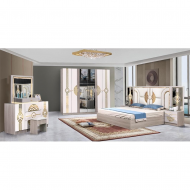 Chambre à coucher complète MC203H 5 pièces beige blanc | lit, coiffeuse, chevets et armoire 6 battants