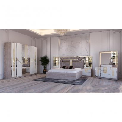 Chambre à coucher MC201H 5 pièces moderne  – ensemble lit, chevets, armoire 6 battants et coiffeuse, gris blanc