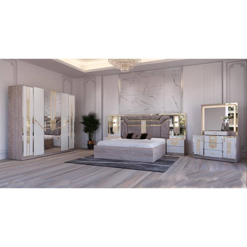 Chambre à coucher MC201H 5 pièces moderne  – ensemble lit, chevets, armoire 6 battants et coiffeuse, gris blanc