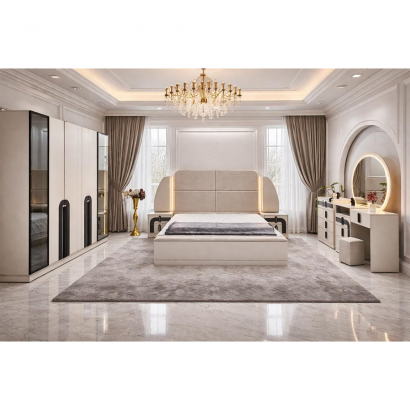 Coco Lux 5119 chambre à coucher 7 pièces beige – Ensemble chambre complète lit king size, mobilier premium et grand dressing
